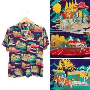 Vintage 80s Roaring 1920s Jazz Age Novelty Print Tennis Golf Dancers Blouse S/M